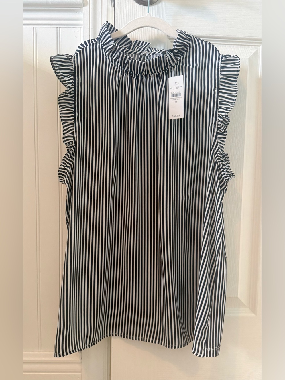 NWT - Ann-Taylor Navy Blue & White Striped Blouse (size medium)